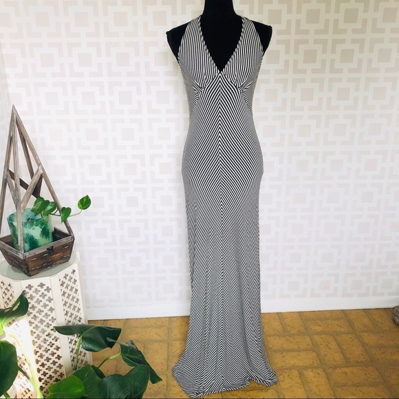 Ella Moss Dress Striped Halter Bead Back Maxi Size S Wedding Guest Black Tie - Picture 1 of 7